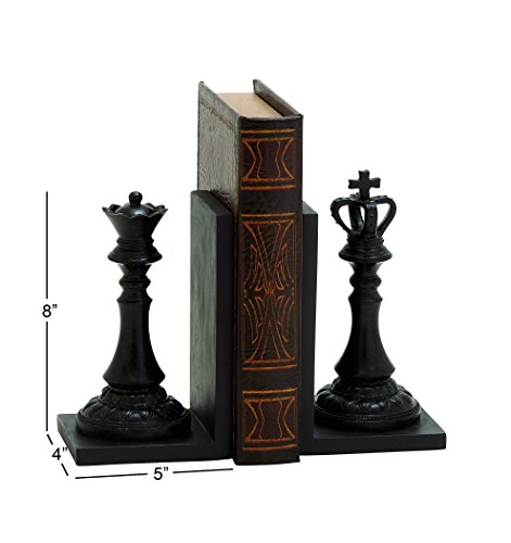 Deco 79 Resin Chess Bookends with King and Queen, Set of 2 5"W, 8"H, Black