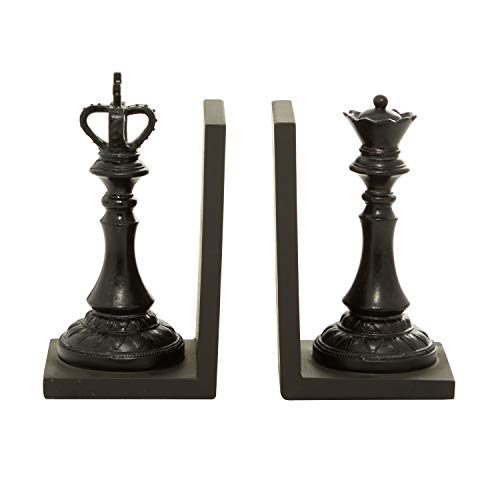 Deco 79 Resin Chess Bookends with King and Queen, Set of 2 5"W, 8"H, Black