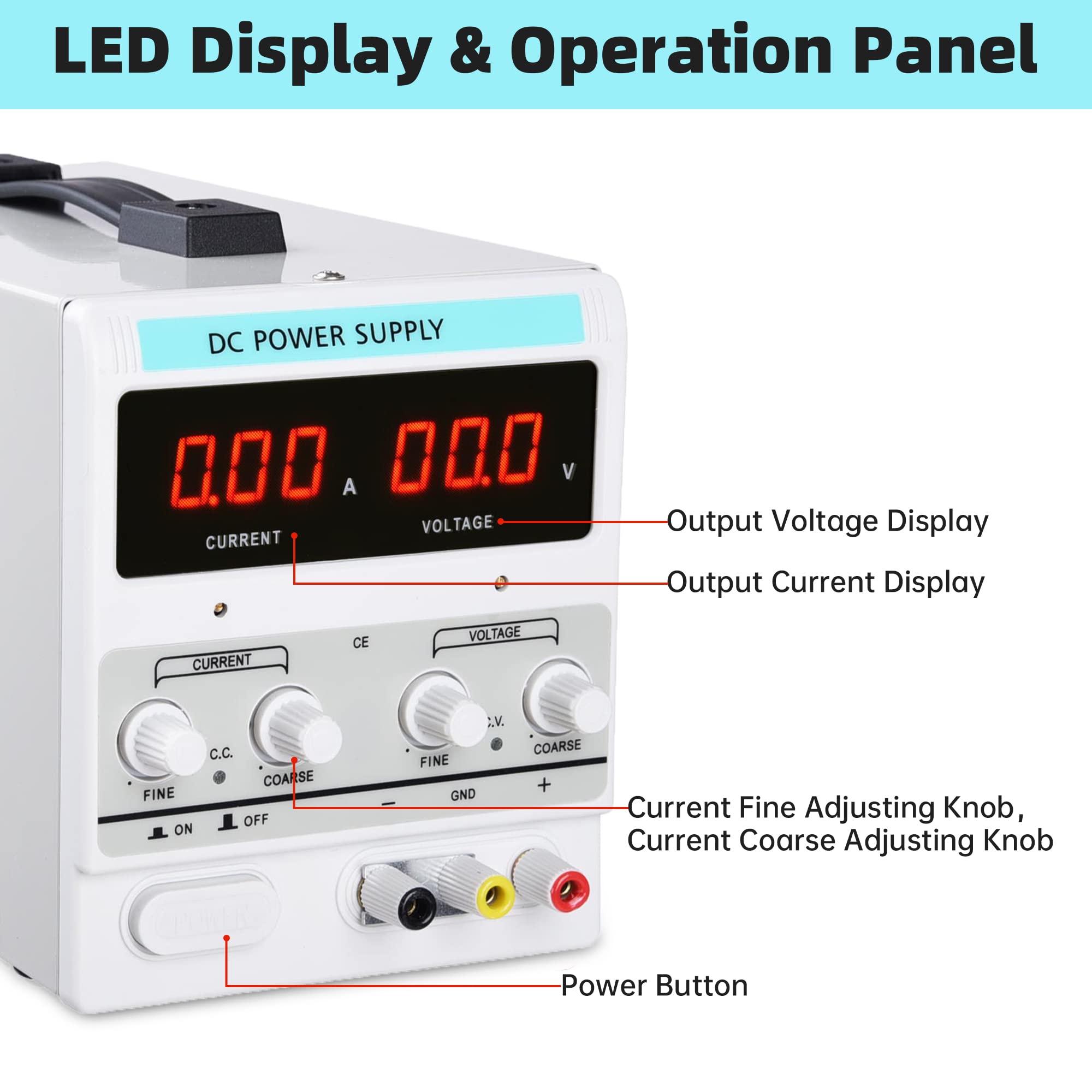 Yescom DC Power Supply Variable 30V 5A Adjustable High Precision Digital w/Power Cord 110V Input