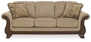 signature design by ashley lanett traditional faux wood detail sofa with 2 accent pillows, beige