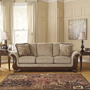 Signature Design by Ashley Lanett Traditional Faux Wood Detail Sofa with 2 Accent Pillows, Beige