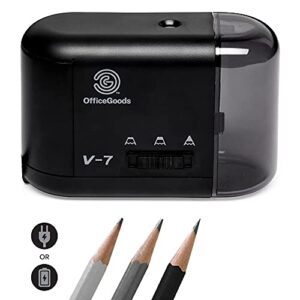 officegoods electric pencil sharpener - battery or cord powered portable sharpener - perfectly sharpens colored pencils, drafting pencils for artists, office, school & home - black