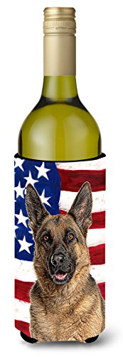 Caroline's Treasures KJ1159LITERK USA American Flag with German Shepherd Wine Bottle Hugger Bottle Cooler Sleeve Hugger Machine Washable Collapsible Insulator Beverage Insulated Holder