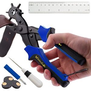 leather hole punch & belt hole puncher easily punches perfect round holes. bonus ruler & awl tool. leather punch tool for watch or bag strap, fabric, eyelet - precision crafting & professional results