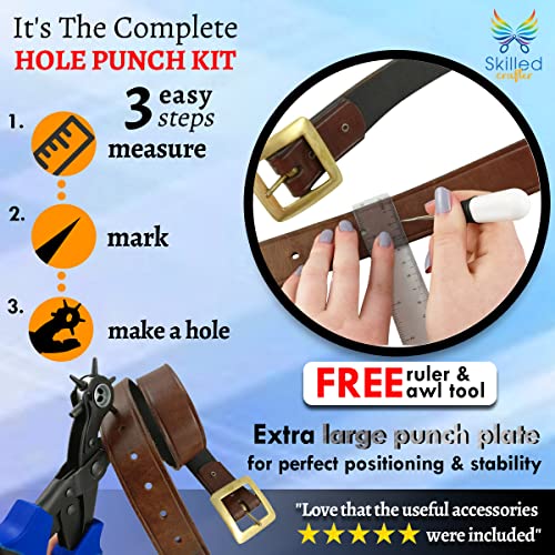 Leather Hole Punch & Belt Hole Puncher Easily Punches Perfect Round Holes. Bonus Ruler & Awl Tool. Leather Punch Tool for Watch or Bag Strap, Fabric, Eyelet - Precision Crafting & Professional Results