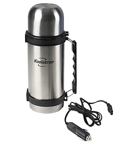 Koolatron 12V Insulated Vacuum Flask with Heater, 1L Silver and Black Stainless Steel, Push Button Dispenser, for Car, SUV, Truck, RV, Boat