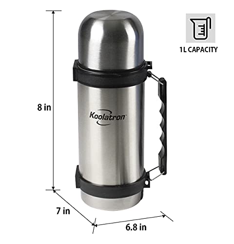 Koolatron 12V Insulated Vacuum Flask with Heater, 1L Silver and Black Stainless Steel, Push Button Dispenser, for Car, SUV, Truck, RV, Boat