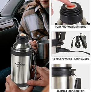 Koolatron 12V Insulated Vacuum Flask with Heater, 1L Silver and Black Stainless Steel, Push Button Dispenser, for Car, SUV, Truck, RV, Boat