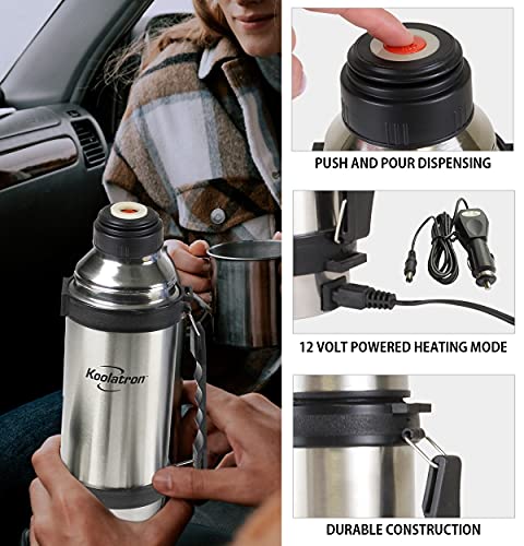 Koolatron 12V Insulated Vacuum Flask with Heater, 1L Silver and Black Stainless Steel, Push Button Dispenser, for Car, SUV, Truck, RV, Boat