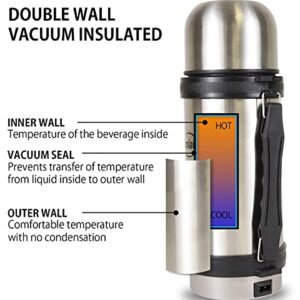 Koolatron 12V Insulated Vacuum Flask with Heater, 1L Silver and Black Stainless Steel, Push Button Dispenser, for Car, SUV, Truck, RV, Boat