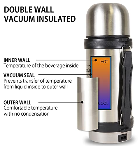 Koolatron 12V Insulated Vacuum Flask with Heater, 1L Silver and Black Stainless Steel, Push Button Dispenser, for Car, SUV, Truck, RV, Boat