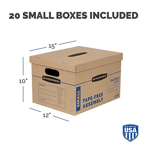 Bankers Box SmoothMove Classic Small Moving Boxes, 20 Pack, Tape-Free Assembly, Easy Carry Handles, 10" x 12" x 15"