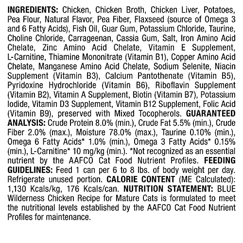 Blue Buffalo Wilderness High Protein Grain Free, Natural Mature Pate Wet Cat Food, Chicken 5.5-oz cans (Pack of 24)