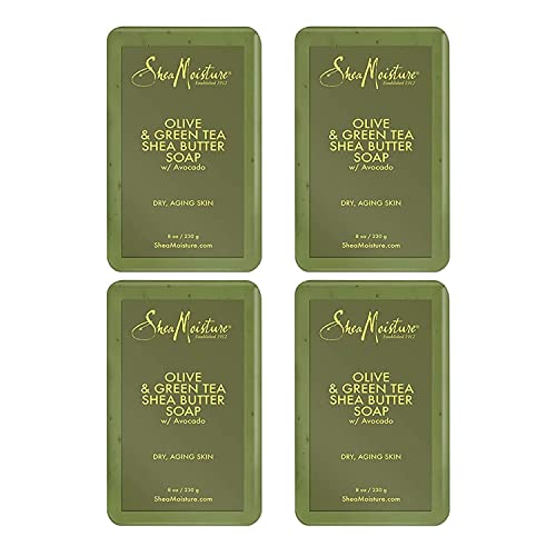 SheaMoisture Shea Butter Bar Soap, Olive & Green Tea, Essential Oils, Skin Care Routine, Olive Oil Soap Bar for Face & Body, Avocado Oil, Rich in Vitamin E, Sensitive Dry Skin (4 Pack - 8 Oz Ea) 