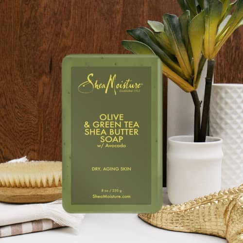 SheaMoisture Shea Butter Bar Soap, Olive & Green Tea, Essential Oils, Skin Care Routine, Olive Oil Soap Bar for Face & Body, Avocado Oil, Rich in Vitamin E, Sensitive Dry Skin (4 Pack - 8 Oz Ea) 