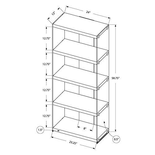 Monarch Specialties I Bookcase-5-Shelf Etagere Bookcase Contemporary Look with Tempered Glass Frame Bookshelf, 60"H, (White)