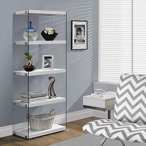 Monarch Specialties I Bookcase-5-Shelf Etagere Bookcase Contemporary Look with Tempered Glass Frame Bookshelf, 60"H, (White)