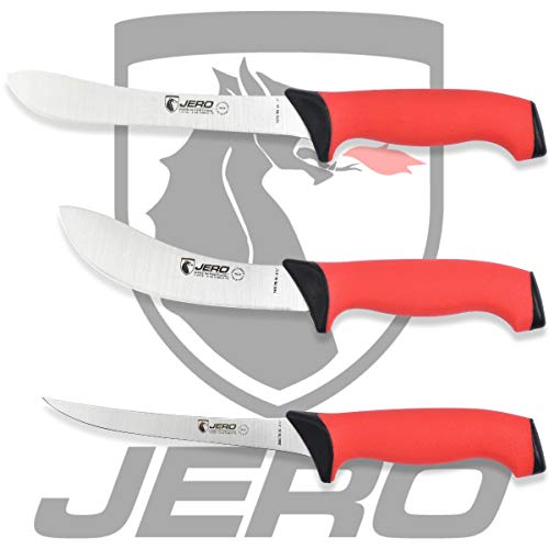 Jero Pro Series TR 3 Piece Butcher Set - Narrow Butcher, Skinning Knife, and Boning Knife - Soft Grip Handles With German High-Carbon Stainless Steel Blades - Made In Portugal