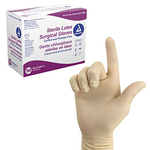 Dynarex Sterile Latex Surgical Gloves, Size 8 & Powder-Free, Offers Superior Protection & Comfort for Sensitive Hands, Beaded Cuffs, Bisque, 1 Box of 50 Pairs of Dynarex Sterile Latex Surgical Gloves