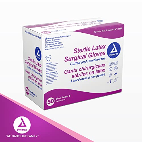 Dynarex Sterile Latex Surgical Gloves, Size 8 & Powder-Free, Offers Superior Protection & Comfort for Sensitive Hands, Beaded Cuffs, Bisque, 1 Box of 50 Pairs of Dynarex Sterile Latex Surgical Gloves