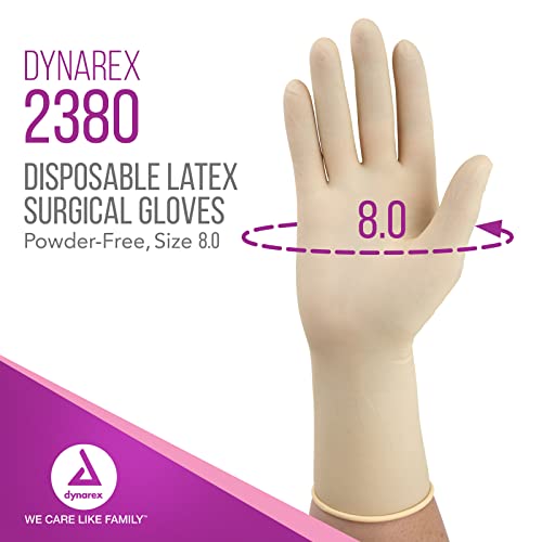 Dynarex Sterile Latex Surgical Gloves, Size 8 & Powder-Free, Offers Superior Protection & Comfort for Sensitive Hands, Beaded Cuffs, Bisque, 1 Box of 50 Pairs of Dynarex Sterile Latex Surgical Gloves