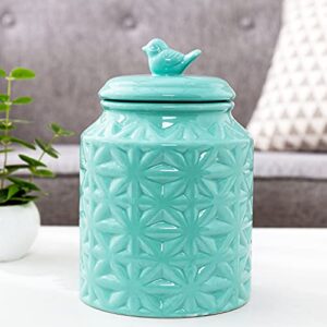 MyGift Vintage Turquoise Ceramic Kitchen Jar with Lid, Cookie Jar Storage Containers Airtight with Embossed Star and Bird Design