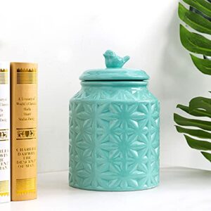 MyGift Vintage Turquoise Ceramic Kitchen Jar with Lid, Cookie Jar Storage Containers Airtight with Embossed Star and Bird Design