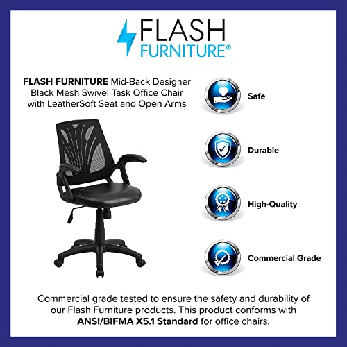 Flash Furniture Sam Mid-Back Designer Black Mesh Swivel Task Office Chair with LeatherSoft Seat and Open Arms