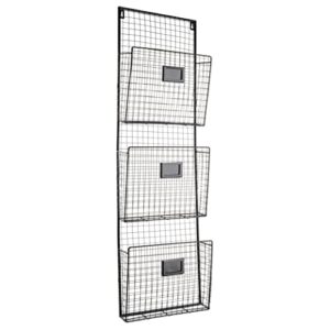 designstyles three tier wall file holder – durable black metal rack with spacious slots for easy organization, mounts on wall and door for office, home, and work