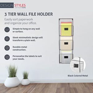 Designstyles Three Tier Wall File Holder – Durable Black Metal Rack with Spacious Slots for Easy Organization, Mounts on Wall and Door for Office, Home, and Work