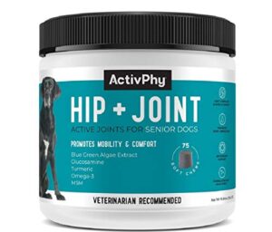 activphy hip + joint supplement with glucosamine, msm, and blue green algae extract, vet formulated, anti-inflammatory, arthritis relief, & antioxidants, made in usa, for dogs, 75 ct