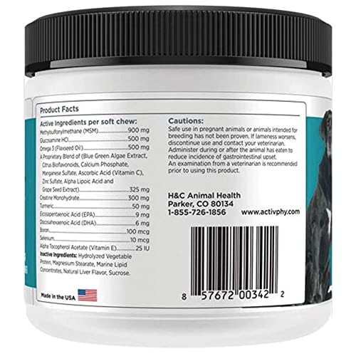 ACTIVPHY Hip + Joint Supplement with Glucosamine, MSM, and Blue Green Algae Extract, Vet Formulated, Anti-Inflammatory, Arthritis Relief, & Antioxidants, Made in USA, For Dogs, 75 ct