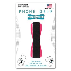 universal grip for most smartphones, mini tablets and cases, pink base with black elastic strap, lh-01pink