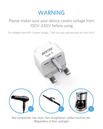 BESTEK UK Travel Plug Adapter Set, Grounded Universal Power Plug Adapter for USA to Type G Countries, UK, Ireland, Hong Kong and More-3 Packs