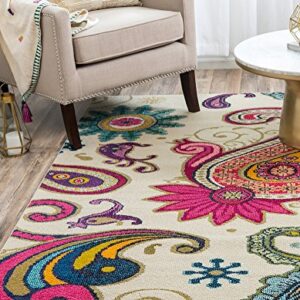 Unique Loom Estrella Collection Colorful, Paisley, Floral, Abstract, Modern Area Rug, 5 x 8 ft, Beige/Pink