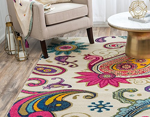 Unique Loom Estrella Collection Colorful, Paisley, Floral, Abstract, Modern Area Rug, 5 x 8 ft, Beige/Pink