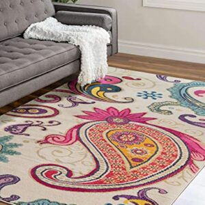 Unique Loom Estrella Collection Colorful, Paisley, Floral, Abstract, Modern Area Rug, 5 x 8 ft, Beige/Pink