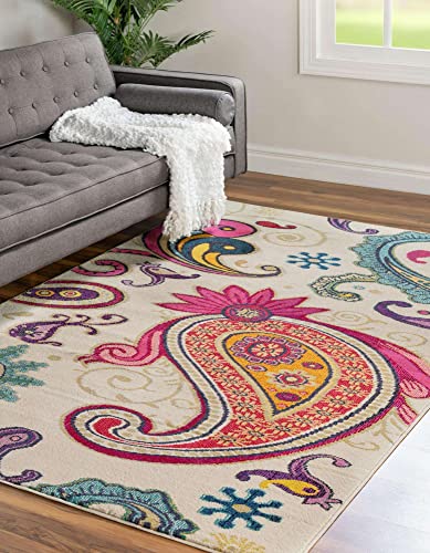 Unique Loom Estrella Collection Colorful, Paisley, Floral, Abstract, Modern Area Rug, 5 x 8 ft, Beige/Pink