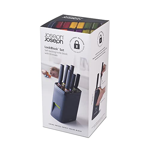 Joseph Joseph LockBlock Stainless Steel Knife Set with Self Locking Knife Block, 6-Piece, Black