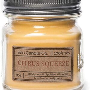 Eco Candle Co. Mason Jar Candle, Citrus Squeeze, 8 oz. - Scents of Orange, Tangerine, Grapefruit, Lemon, & Lime - 100% Soy Wax, No Lead, Kraft Label & Antiqued Pewter Lid, Hand Made, Midwest Soybeans