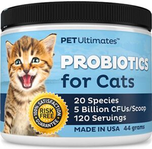 pet ultimates probiotics for cats – 20-species cat probiotic powder to treat diarrhea, vomiting, digestive support & cat antibiotics recovery – skin and coat supplement for cats enhances vitality– cat health supplies (44 gr)