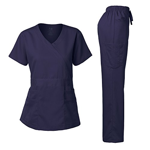 Dagacci Medical Uniform Women's Scrubs Set Stretch Ultra Soft Y-Neck Wrap Top and Pants Navy L