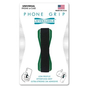 universal grip for most smartphones, mini tablets and cases, green colored base with black strap, lh-01green