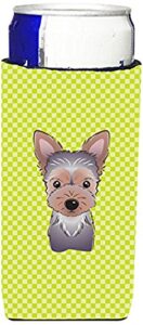 caroline's treasures bb1294muk checkerboard lime green yorkie puppy ultra hugger for slim cans can cooler sleeve hugger machine washable drink sleeve hugger collapsible insulator beverage insulated ho