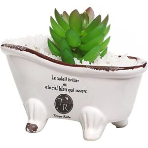 MyGift 6-Inch White Ceramic Indoor Plant Pot, Claw Foot Bathtub Mini Succulent Planter Pot, Petite French Country Bathroom Decor Soap Dish