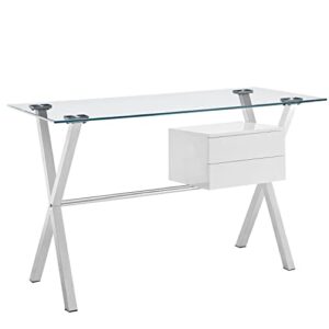 modway stasis contemporary modern glass-top office desk in white