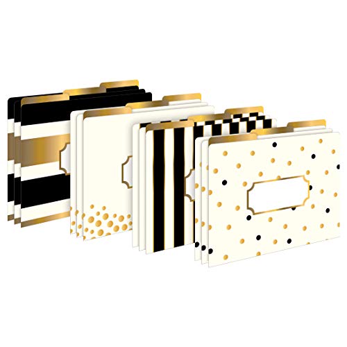 BARKER CREEK Designer File Folders Set of 12, Gold, Multi-Design Set with Gold Designs on Outside, Gold Tabs and Cream on Inside, Letter-Size File Folders, 1/3 Cut Tabs, Pack of 12 (1337)