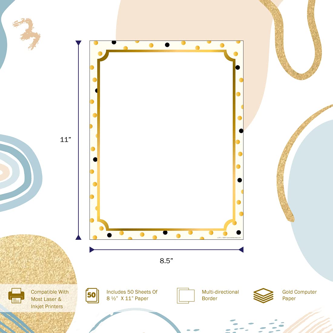 Barker Creek Designer Computer Paper, Gold, 8.5” x 11”, Decorative Printer Paper, Stationery, 50 Sheets per Pkg, Home, School and Office Supplies (741)