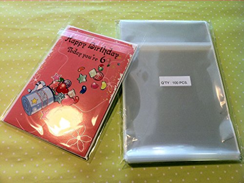 UNIQUEPACKING 100 Pcs 4 5/8 X 5 3/4 Clear A2+ (P) Card Protective Resealable Cello / Cellophane Bags (Fit One A2 Size Card w/Envelope) - Tape Strip on Body