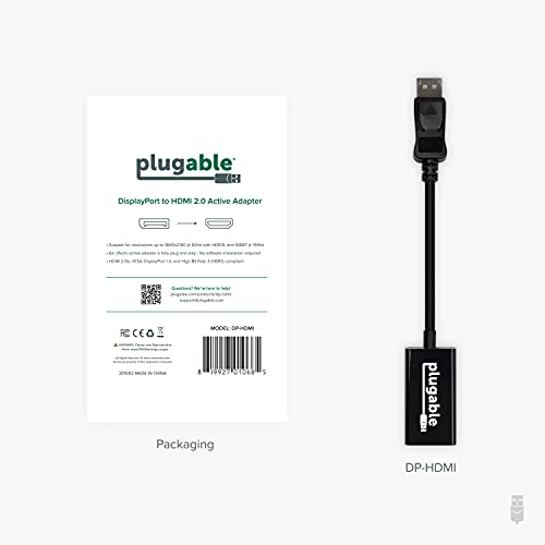 Plugable Active DisplayPort to HDMI Adapter, Driverless Connect Any DisplayPort-Enabled PC or Tablet to an HDMI Monitor, TV or Projector for Ultra-HD Streaming (HDMI 2.0 up to 4K 3840x2160 @60Hz)